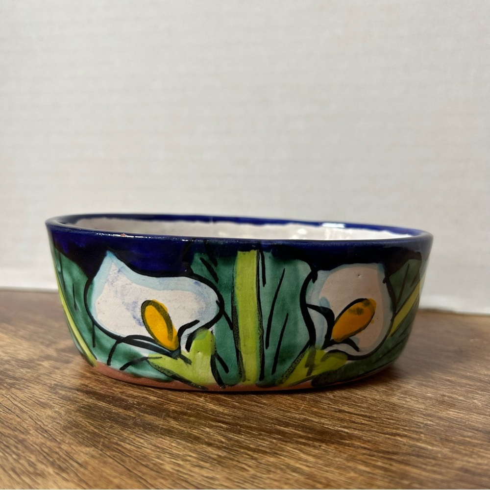 Mexican Pottery Blue Calla Lily Trinket Dish Bowl Hand Painted Mora